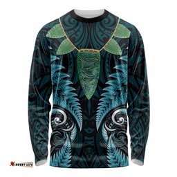 Aotearoa Pounamu Niho Long Sleeve Shirt Silver Fern Mix Maori Pattern - Turquoise LT14