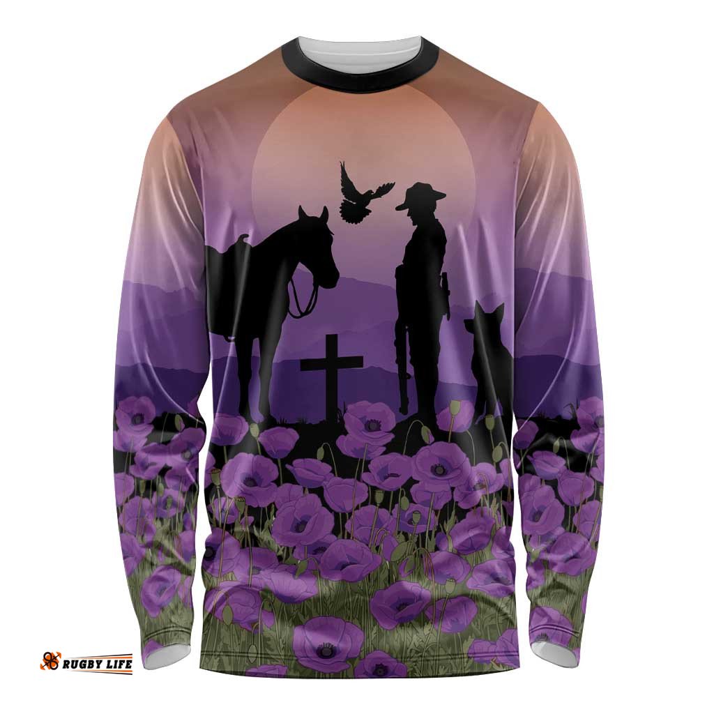 Australia ANZAC Animal Heroes Long Sleeve Shirt Purple Poppies LT7