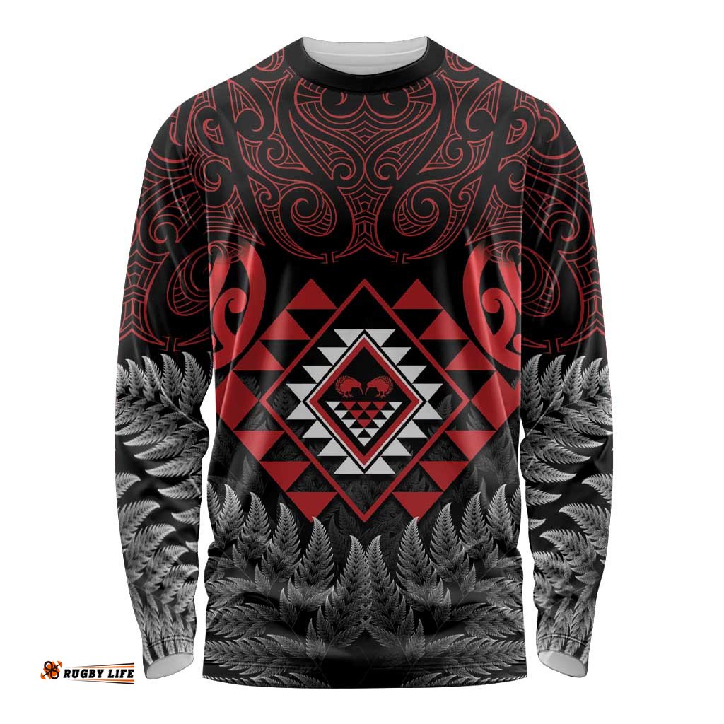 Aotearoa Kiwi Taniko Long Sleeve Shirt Silver Fern With Maori Koru Pattern LT14