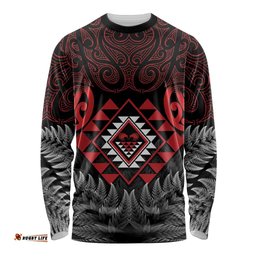 Aotearoa Kiwi Taniko Long Sleeve Shirt Silver Fern With Maori Koru Pattern LT14