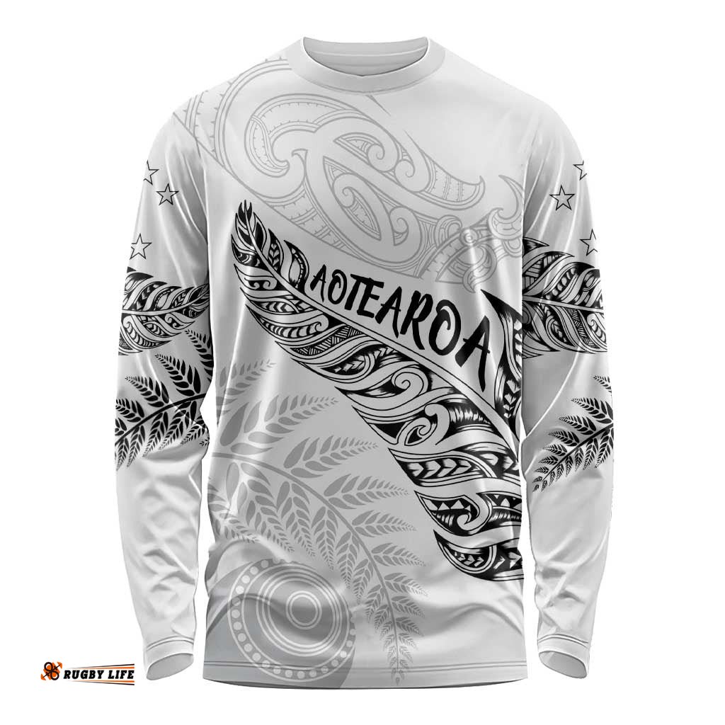 Aotearoa Personalized Lawn Bowls Maori Long Sleeve Shirt New Zealand White Tribal Silver Fern LT7