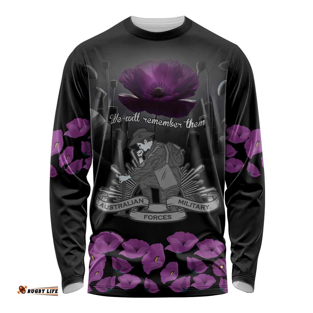ANZAC Day Remembrance Long Sleeve Shirt Purple Poppy We Will Remember Them LT9