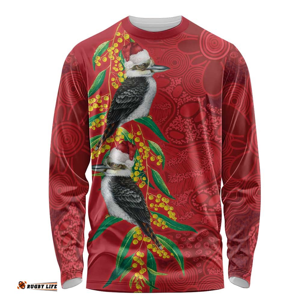 Aussie Kokaburra Golden Wattle Christmas Long Sleeve Shirt Aboriginal Dots Painting Red Motif LT9
