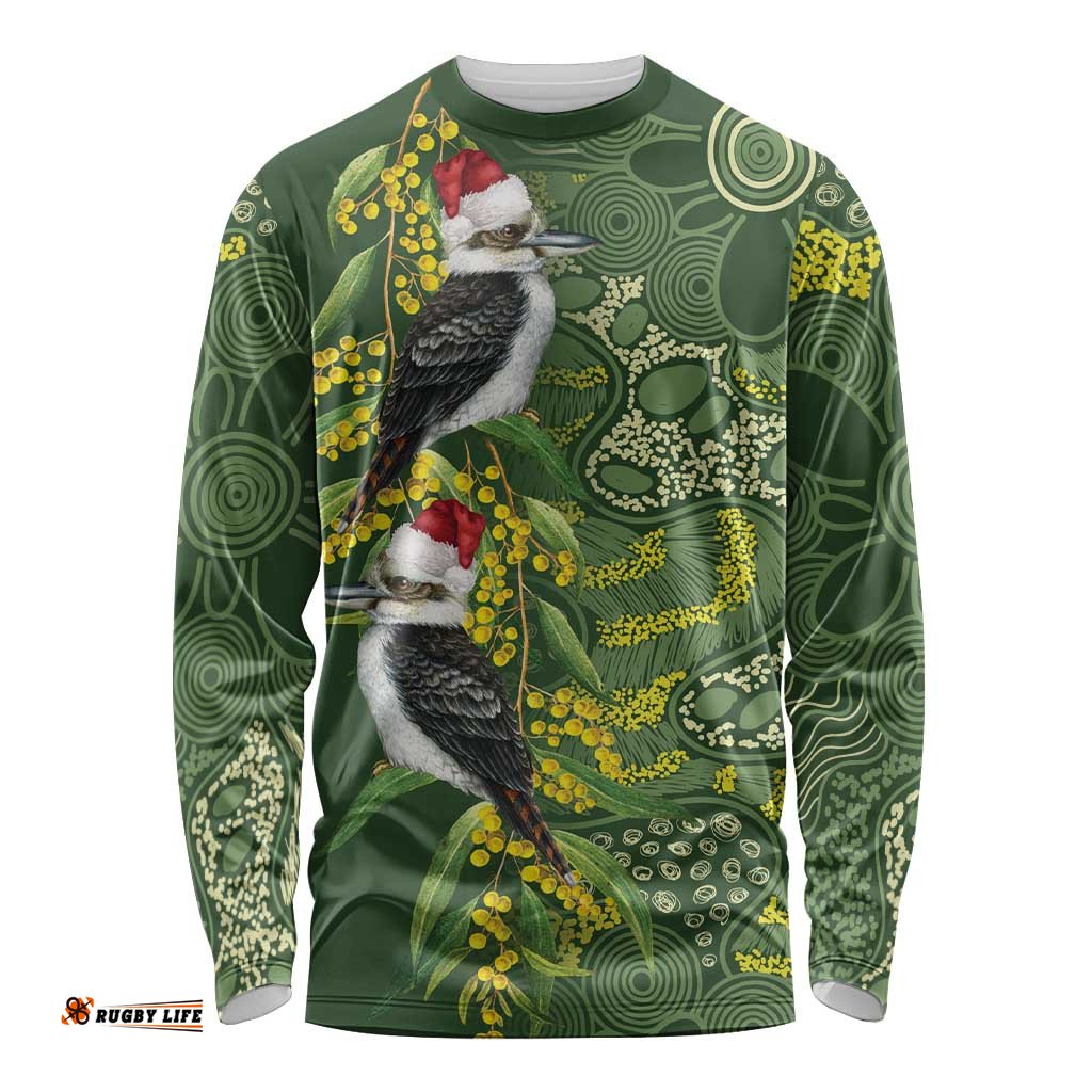 Aussie Kokaburra Golden Wattle Christmas Long Sleeve Shirt Aboriginal Dots Painting Green Motif LT9