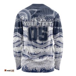 Custom Geelong Navy Long Sleeve Shirt Playful Cat Kicking Ball DT05