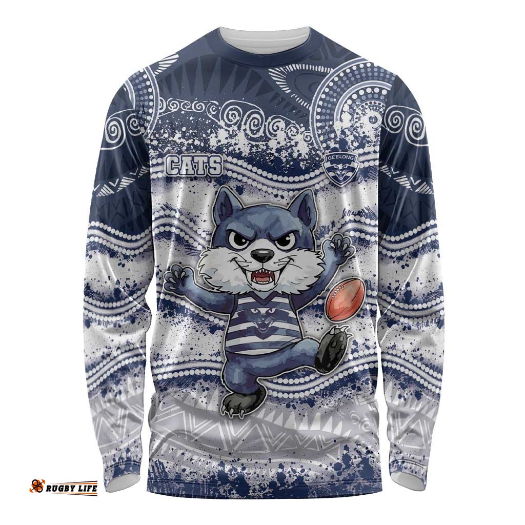 Custom Geelong Navy Long Sleeve Shirt Playful Cat Kicking Ball DT05