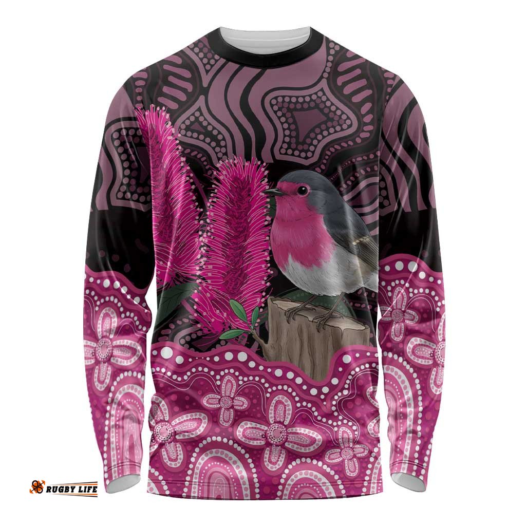 Australia Indigenous Long Sleeve Shirt Breast Cancer Pink Robin Bottlebrush Aboriginal Art LT14