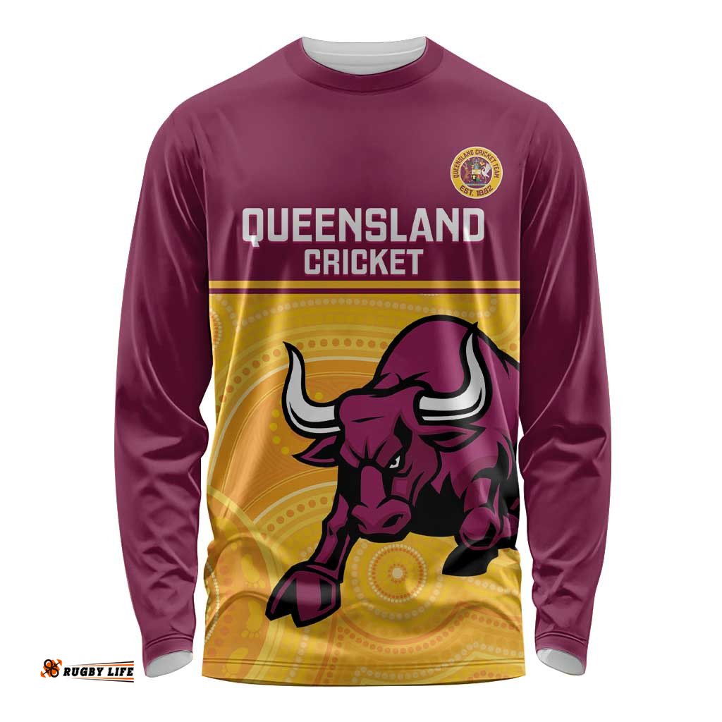 Custom Australia Queensland Cricket Long Sleeve Shirt Go Bulls - Aboriginal Art LT14