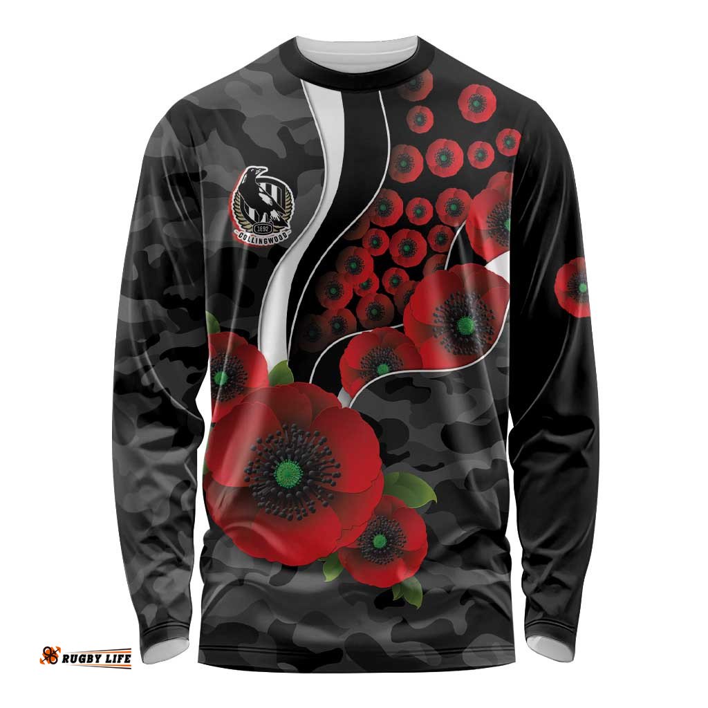 Collingwood Magpies ANZAC Personalised Long Sleeve Shirt Lest We Forget Poppy Camo LT9