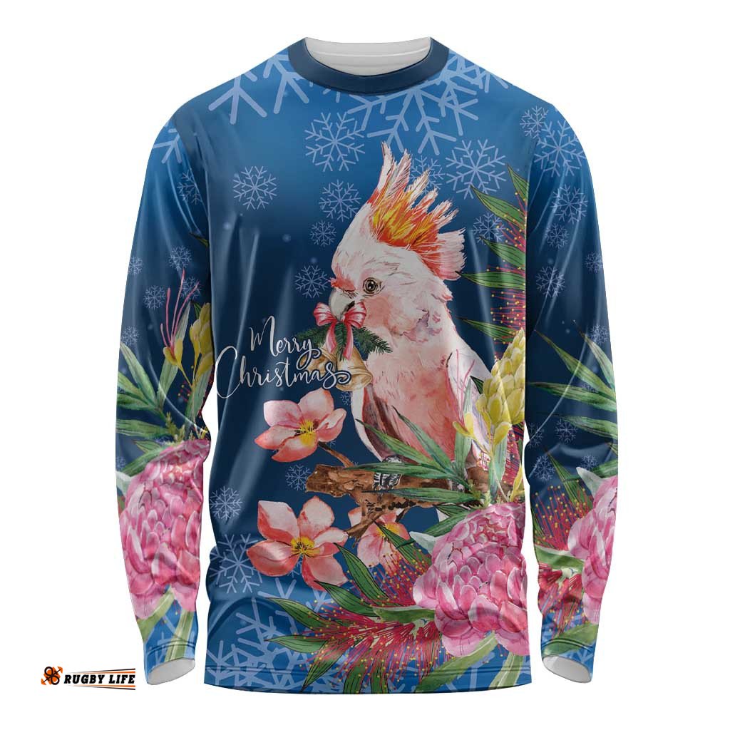 Australia Christmas Pink Cockatoo with Banksia Long Sleeve Shirt Snowy Blue LT7