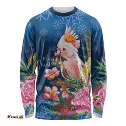 Australia Christmas Pink Cockatoo with Banksia Long Sleeve Shirt Snowy Blue LT7
