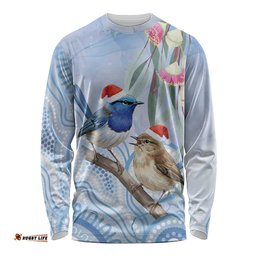 Australia Superb Fairywren Christmas Long Sleeve Shirt Aboriginal Eucalyptus Blossoms Watercolor LT14