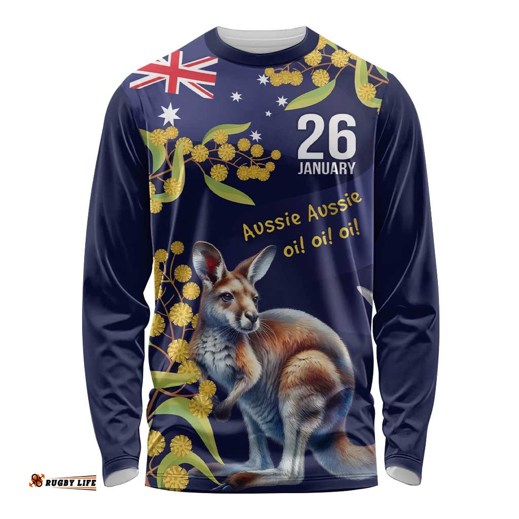 Blue Kangaroo and Golden Wattle Personalised Long Sleeve Shirt Happy Australia Day 6 January LT9