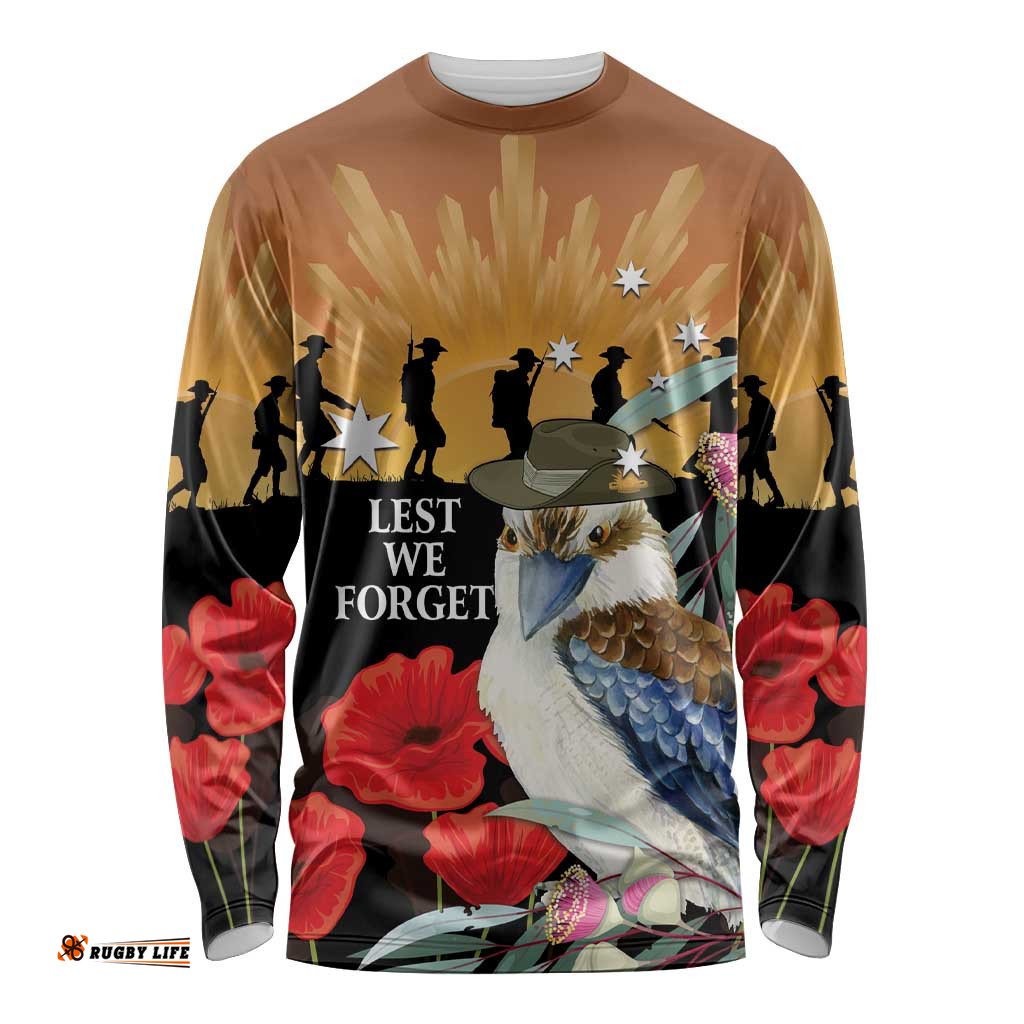 Australia Kookaburra ANZAC Day Long Sleeve Shirt Rising Sun 25th April Poppy Eucalyptus Blossoms LT14