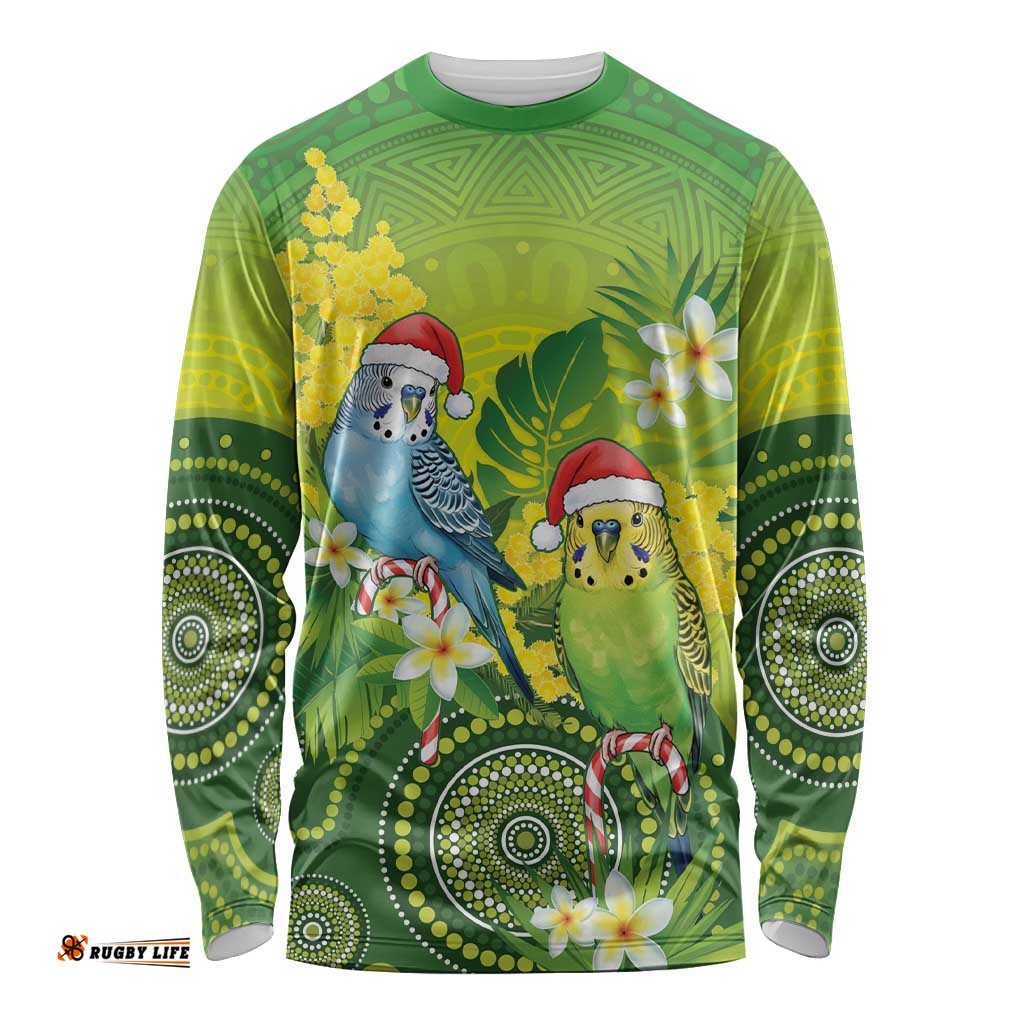 Budgerigar Australia Christmas Long Sleeve Shirt Budgies Golden Wattle Aboriginal Green LT14
