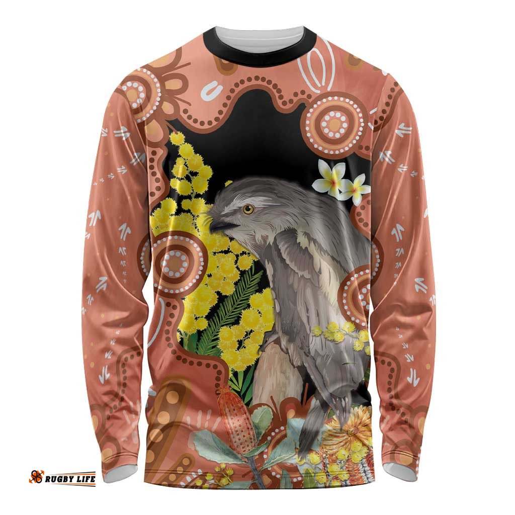 Australia Tawny Frogmouth Long Sleeve Shirt Golden Wattle Banksia Aboriginal Art LT14