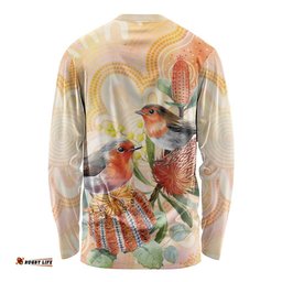 Australia Flame Robin Long Sleeve Shirt Petroica Phoenicea Banksia Indigenous Art LT14