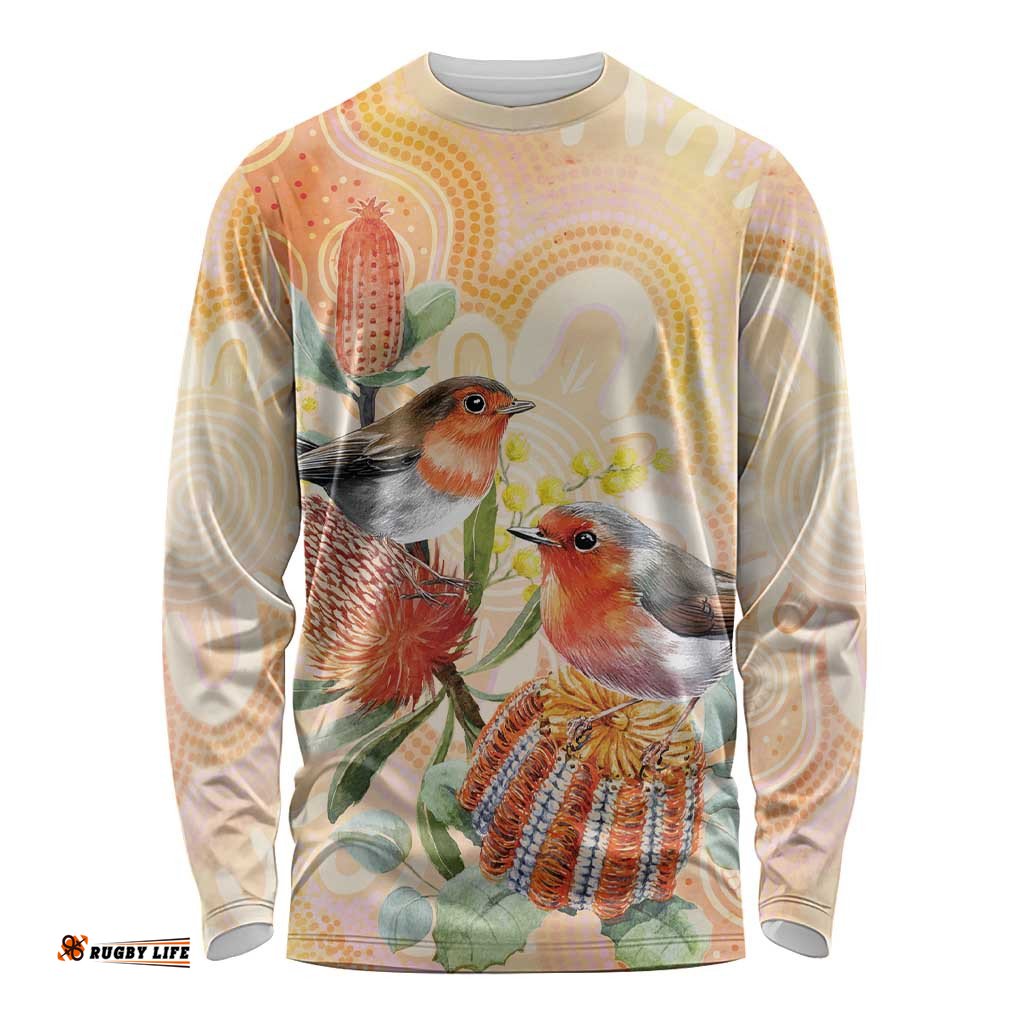 Australia Flame Robin Long Sleeve Shirt Petroica Phoenicea Banksia Indigenous Art LT14