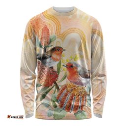 Australia Flame Robin Long Sleeve Shirt Petroica Phoenicea Banksia Indigenous Art LT14