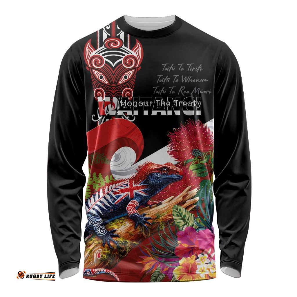 Aotearoa Toitu Te Tiriti Long Sleeve Shirt Waitangi-Honour The Treaty NZ Tuatara and Plants LT03