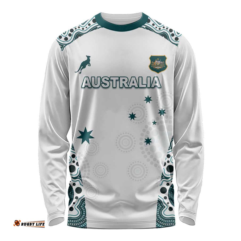 Custom Australia Rugby 2026 Long Sleeve Shirt Go Wallabies Aboriginal Pattern White Version LT05