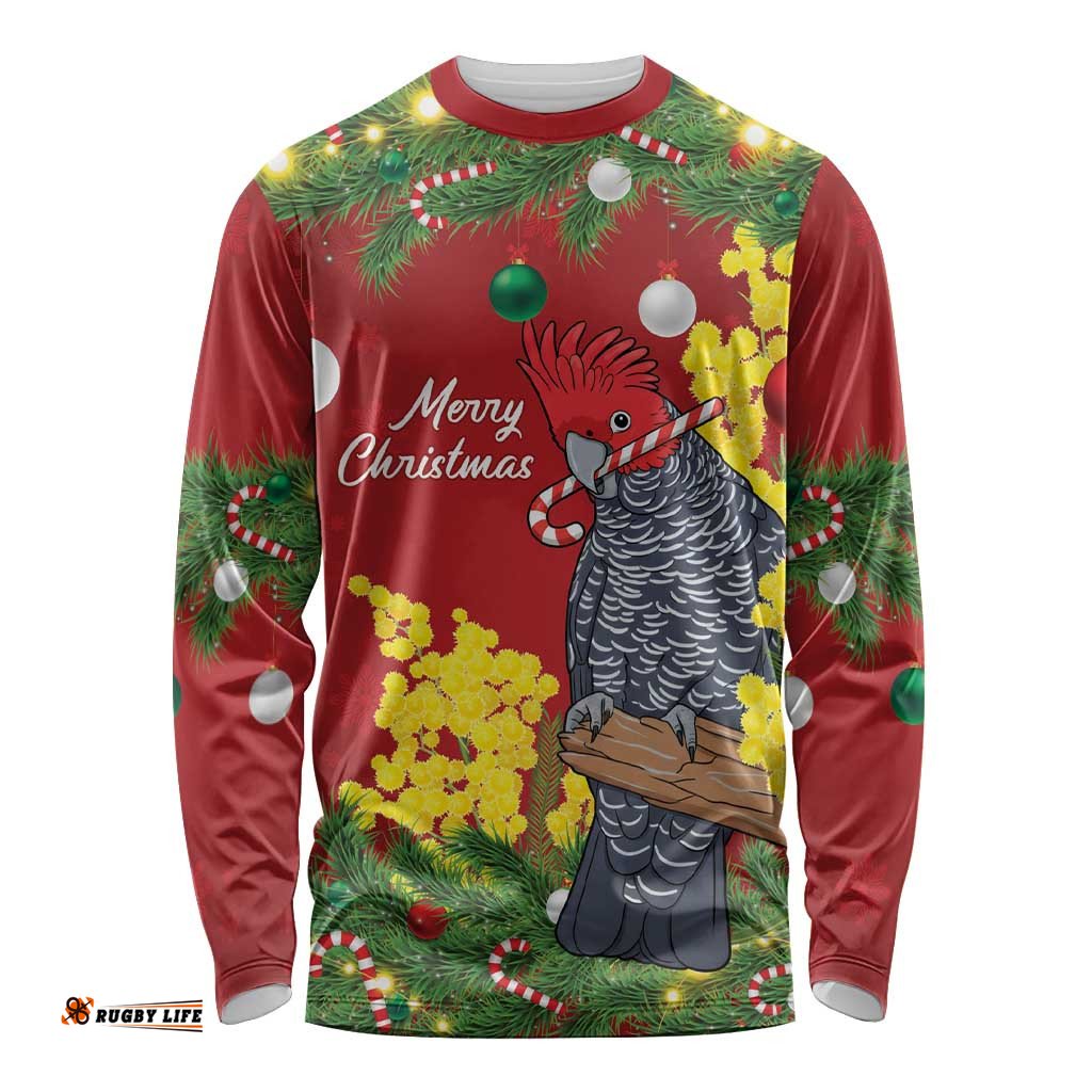 Australia Gang-gang Cockatoo Christmas Long Sleeve Shirt Callocephalon Fimbriatum Golden Wattle Red LT14