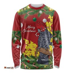 Australia Gang-gang Cockatoo Christmas Long Sleeve Shirt Callocephalon Fimbriatum Golden Wattle Red LT14