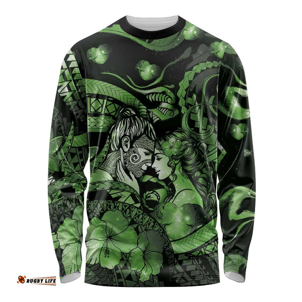 Personalised Maori Romantic Valentine Long Sleeve Shirt The Hongi Kiss Green Galaxy DT05