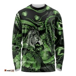 Personalised Maori Romantic Valentine Long Sleeve Shirt The Hongi Kiss Green Galaxy DT05