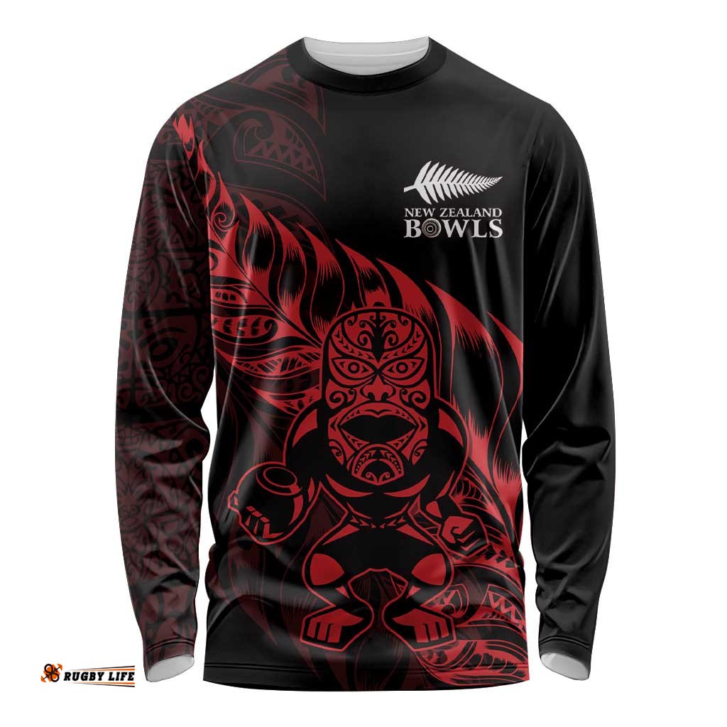 New Zealand Lawn Bowls Custom Long Sleeve Shirt Red Maori Warrior Tribal Silver Fern LT9