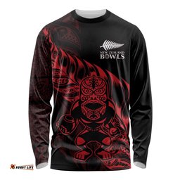 New Zealand Lawn Bowls Custom Long Sleeve Shirt Red Maori Warrior Tribal Silver Fern LT9
