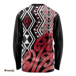 New Zealand Long Sleeve Shirt Aotearoa Kowhaiwhai Mix Taniko Art - Red LT14