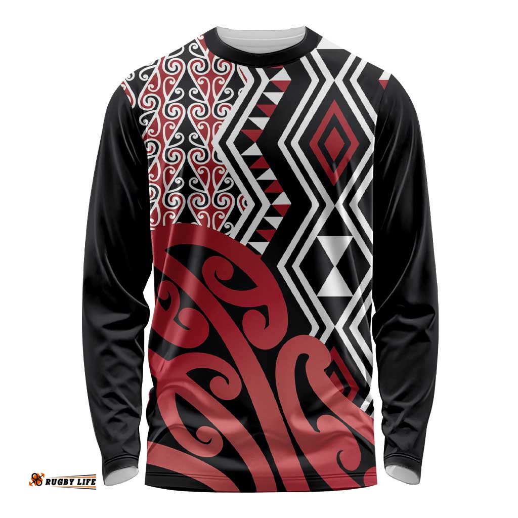 New Zealand Long Sleeve Shirt Aotearoa Kowhaiwhai Mix Taniko Art - Red LT14