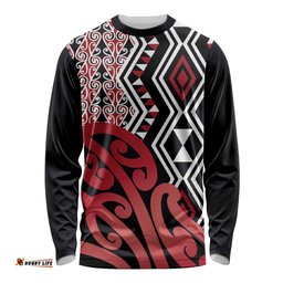 New Zealand Long Sleeve Shirt Aotearoa Kowhaiwhai Mix Taniko Art - Red LT14