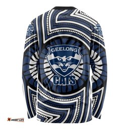 Geelong Cats Long Sleeve Shirt Indigenous Monochrome Dot Art Mascot Style TS04