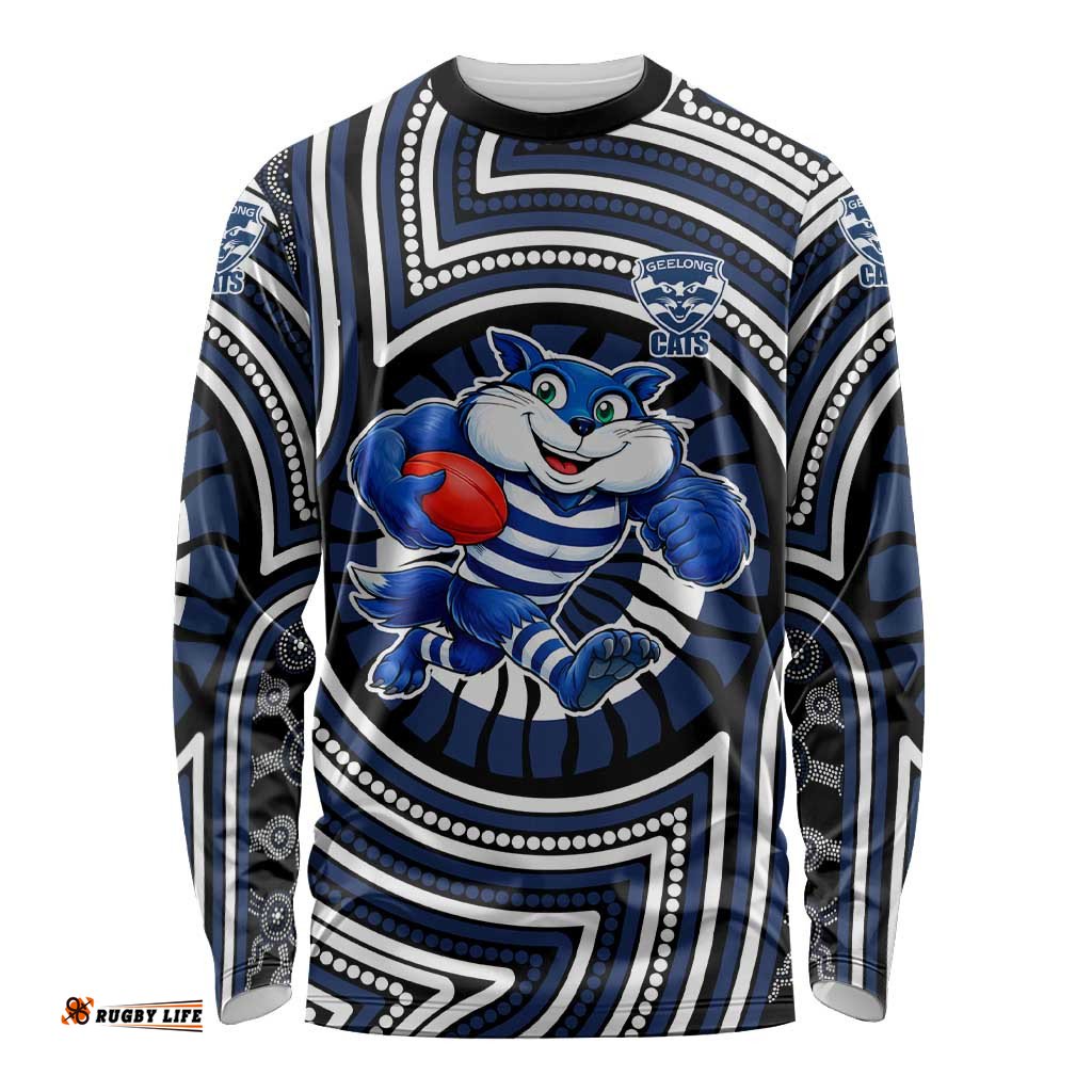 Geelong Cats Long Sleeve Shirt Indigenous Monochrome Dot Art Mascot Style TS04
