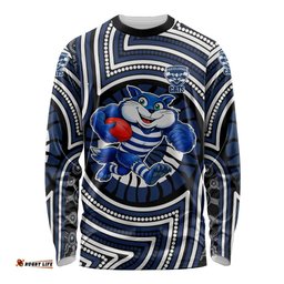 Geelong Cats Long Sleeve Shirt Indigenous Monochrome Dot Art Mascot Style TS04