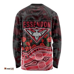 Essendon Bombers ANZAC Day Long Sleeve Shirt Indigenous Dot Art with Poppy Flower Tribute TS04