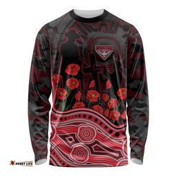 Essendon Bombers ANZAC Day Long Sleeve Shirt Indigenous Dot Art with Poppy Flower Tribute TS04