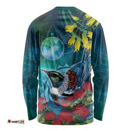 New Zealand Tui Bird Long Sleeve Shirt Maori Koru With Pohutukawa Galaxy Style LT05