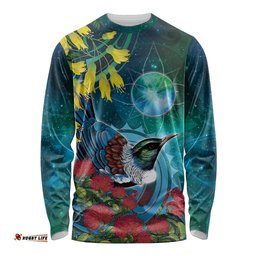 New Zealand Tui Bird Long Sleeve Shirt Maori Koru With Pohutukawa Galaxy Style LT05