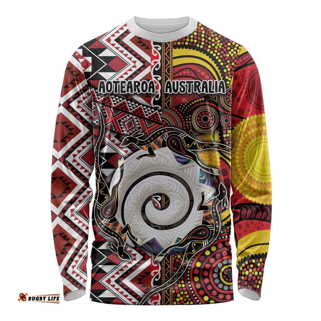 Personalised Aotearoa and Australia Together Long Sleeve Shirt Koru and Kangaroo - Taniko with Aboriginal Motif LT03