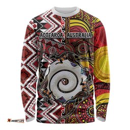 Personalised Aotearoa and Australia Together Long Sleeve Shirt Koru and Kangaroo - Taniko with Aboriginal Motif LT03