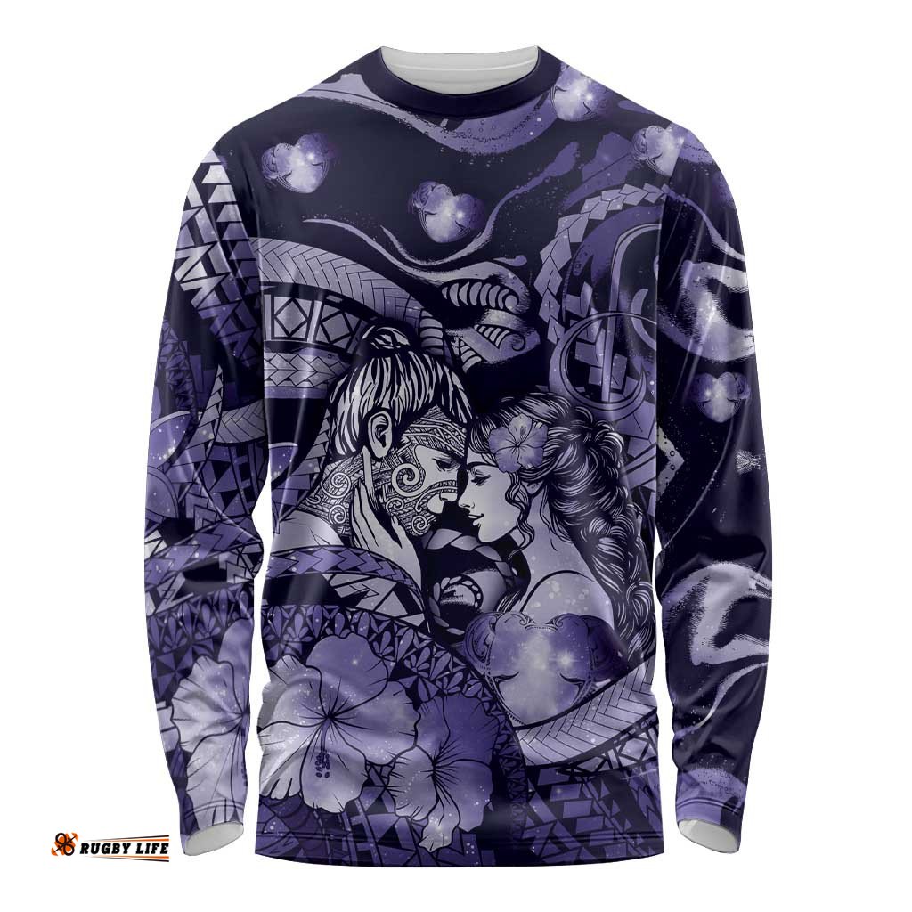 Personalised Maori Romantic Valentine Long Sleeve Shirt The Hongi Kiss Purple Galaxy DT05