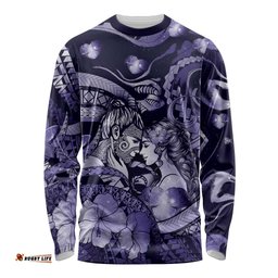 Personalised Maori Romantic Valentine Long Sleeve Shirt The Hongi Kiss Purple Galaxy DT05