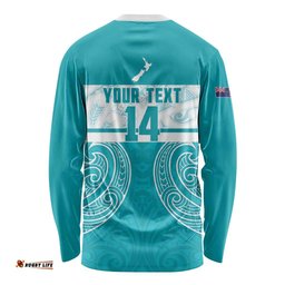 New Zealand Silver Fern Cricket Custom Long Sleeve Shirt Black Cap Teal Maori Pattern LT14
