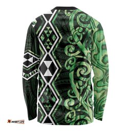 Green Aotearoa Long Sleeve Shirt Taniko Motifs With Paua Shell Kowhaiwhai LT14
