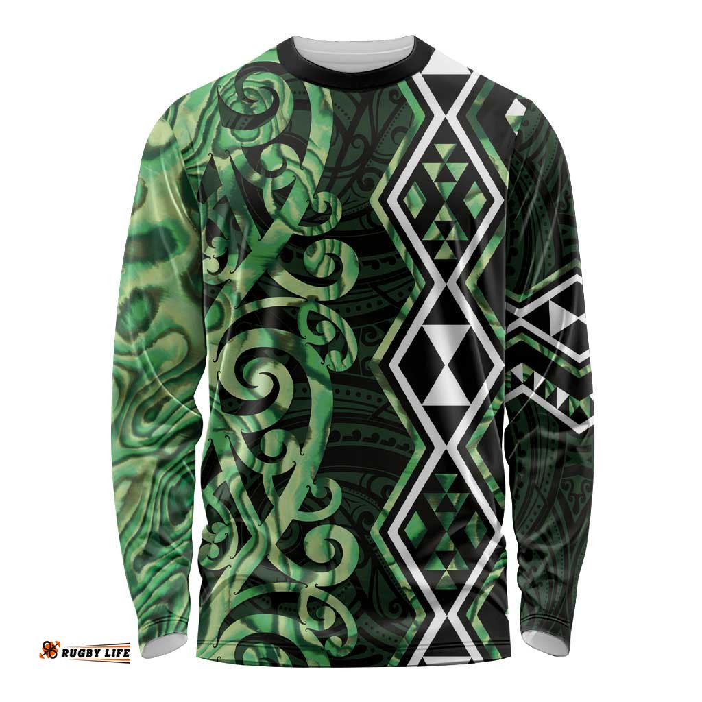 Green Aotearoa Long Sleeve Shirt Taniko Motifs With Paua Shell Kowhaiwhai LT14