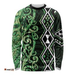 Green Aotearoa Long Sleeve Shirt Taniko Motifs With Paua Shell Kowhaiwhai LT14