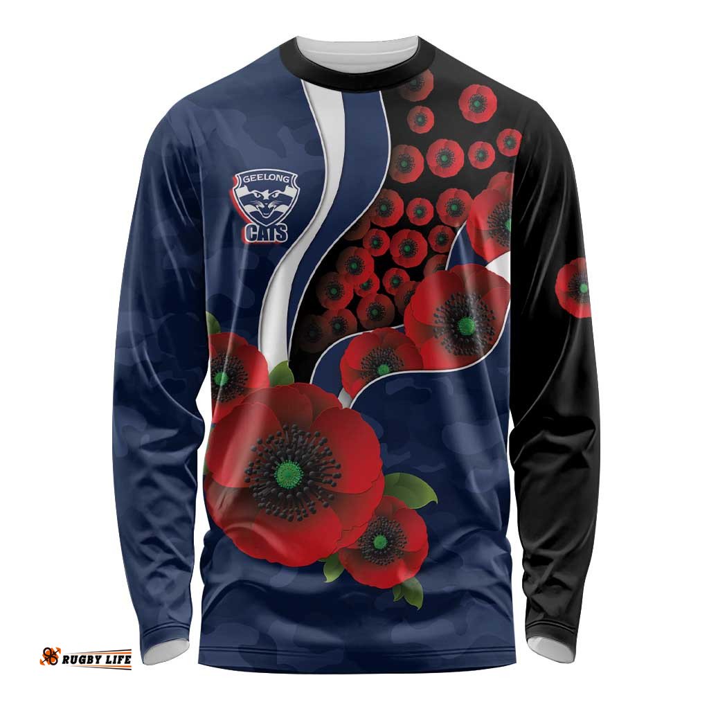 Geelong Cats ANZAC Personalised Long Sleeve Shirt Lest We Forget Poppy Camo LT9